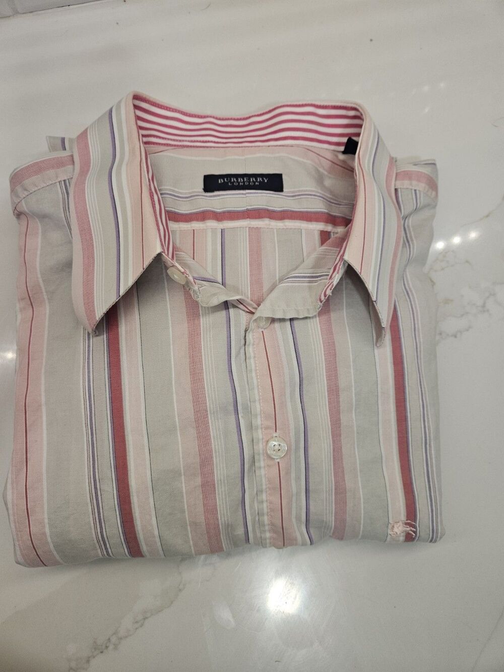 Burberry London Women's Long Sleeve Button-Up Blouse, Striped, Pink/Gray, Sz XL